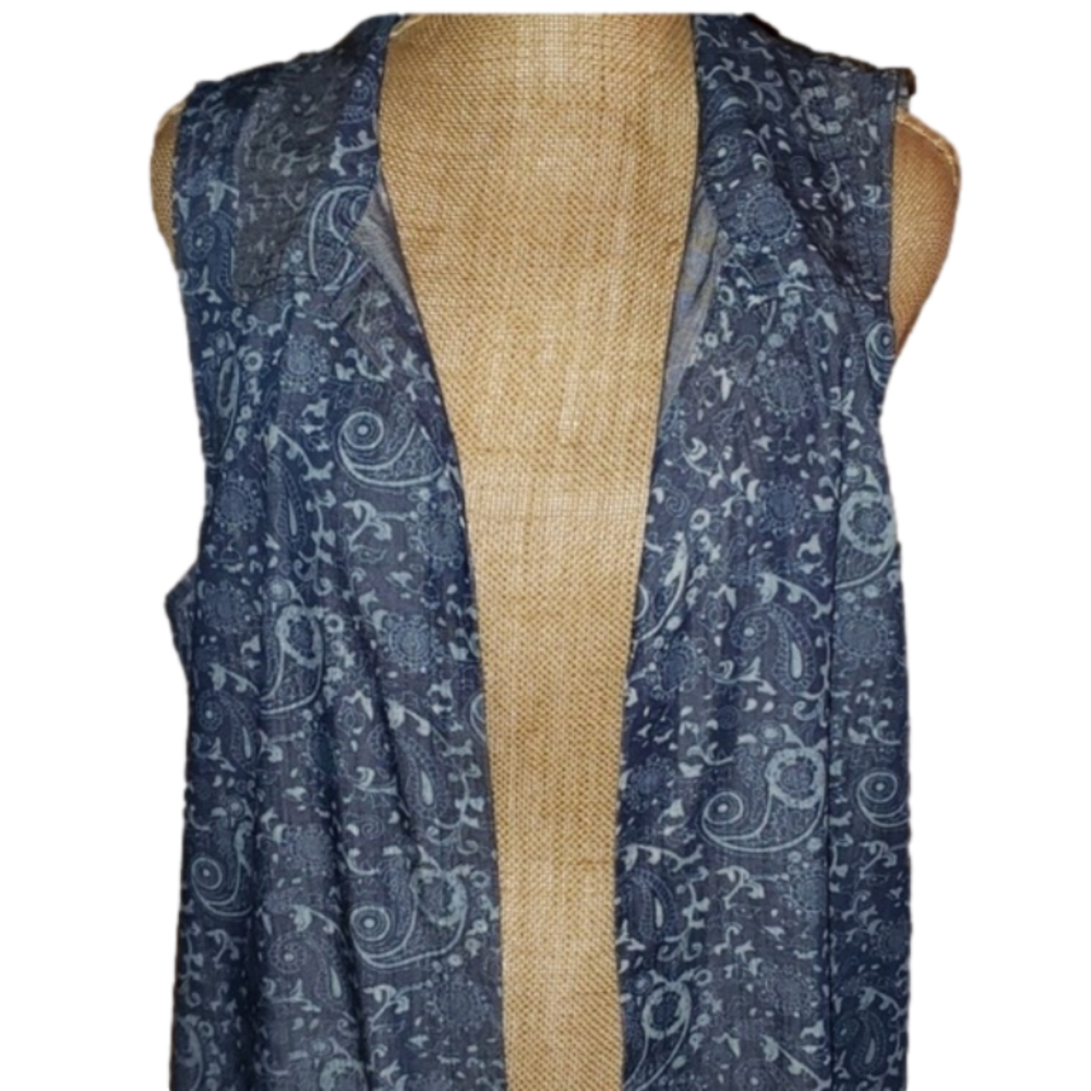 Project large blue paisley print denim long open front sleeveless top, vest
